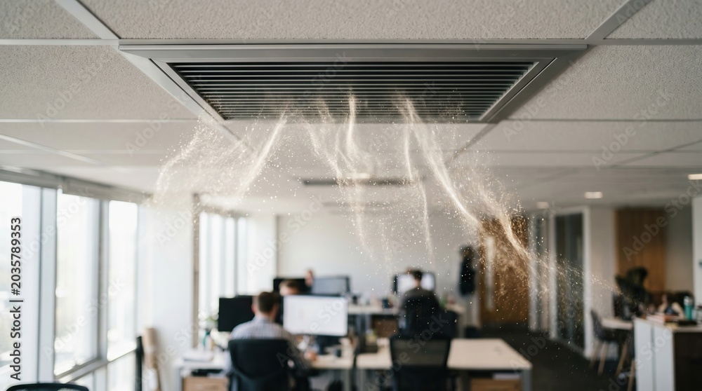 Obraz premium Office air vent blowing dust into workspace. Dirty ventilation system causing indoor air pollution. Poor air quality and health hazard in workplace