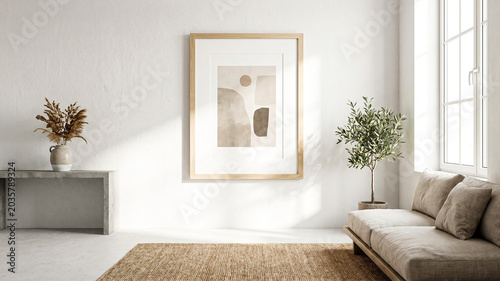 Modern Living Room Poster Frame Mockup with Natural Light and Minimalist Decoration. 3D render.
