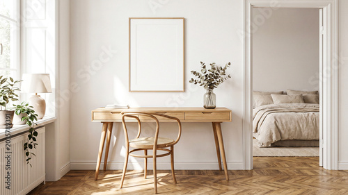 Minimal Scandinavian Home Office Interior with Wooden Desk and Blank Poster Mockup