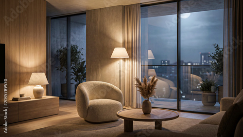 Minimalist Japandi Interior Design of Modern Living Room with Accent Armchair and Natural Nightlight