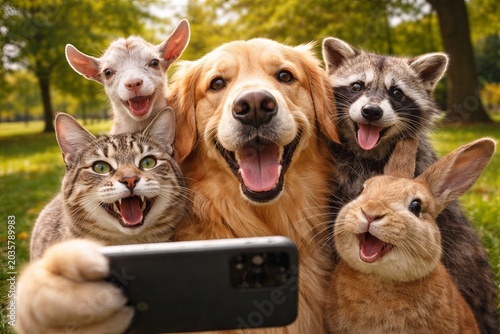 Animals taking a group selfie with a smartphone. Dog, cat, rabbit, goat and raccoon posing together for a happy photo in a green park. Funny pets interacting with mobile technology concept