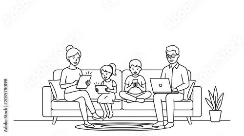Photos A happy family sitting on a couch, each engrossed in their own electronic device
