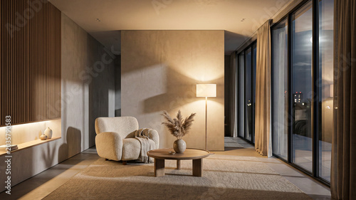 Minimalist Japandi Interior Design of Modern Living Room with Accent Armchair and Natural Nightlight