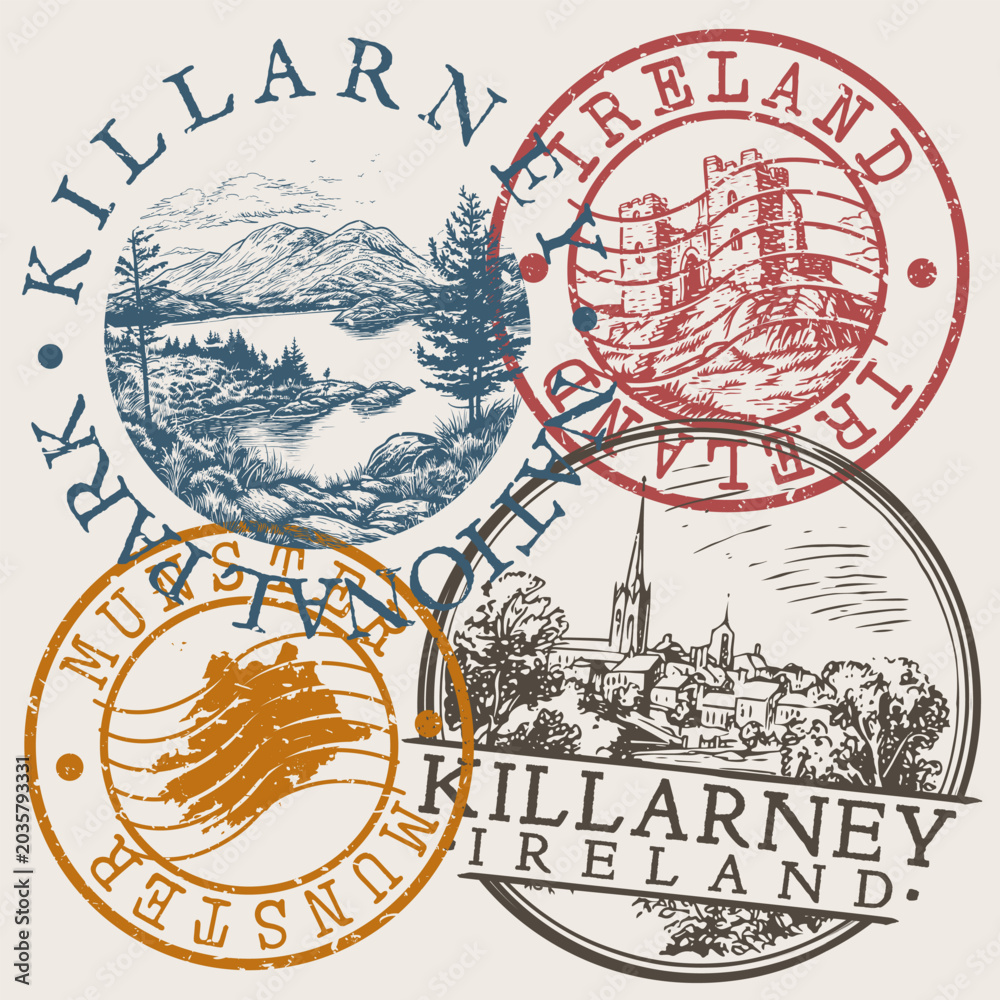 Fototapeta premium Collection of circular vector postal stamps from Killarney national park in Ireland