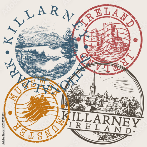 Collection of circular vector postal stamps from Killarney national park in Ireland