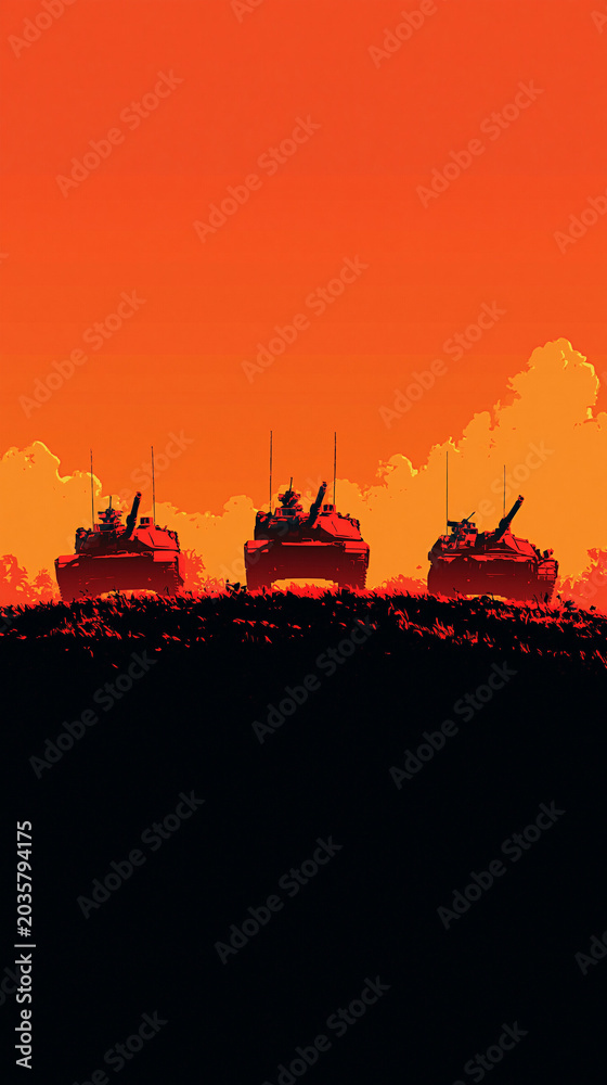 Fototapeta premium Military tanks on horizon at dusk digital artwork war theme dramatic landscape silhouetted view