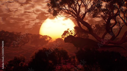 Powerful Silhouette of T-Rex Roaring in Front of Huge Sunset Sun, Tyrannosaurus Rex Against Giant Sun Flare in Prehistoric Forest, 3D Render Animation