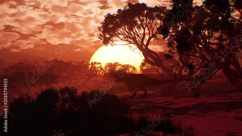 Powerful Silhouette of T-Rex Roaring in Front of Huge Sunset Sun, Tyrannosaurus Rex Against Giant Sun Flare in Prehistoric Forest, 3D Render Animation 1