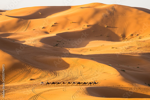 Camel caravan crossing illuminated Sahara dunes at sunrise near Merzouga, Morocco