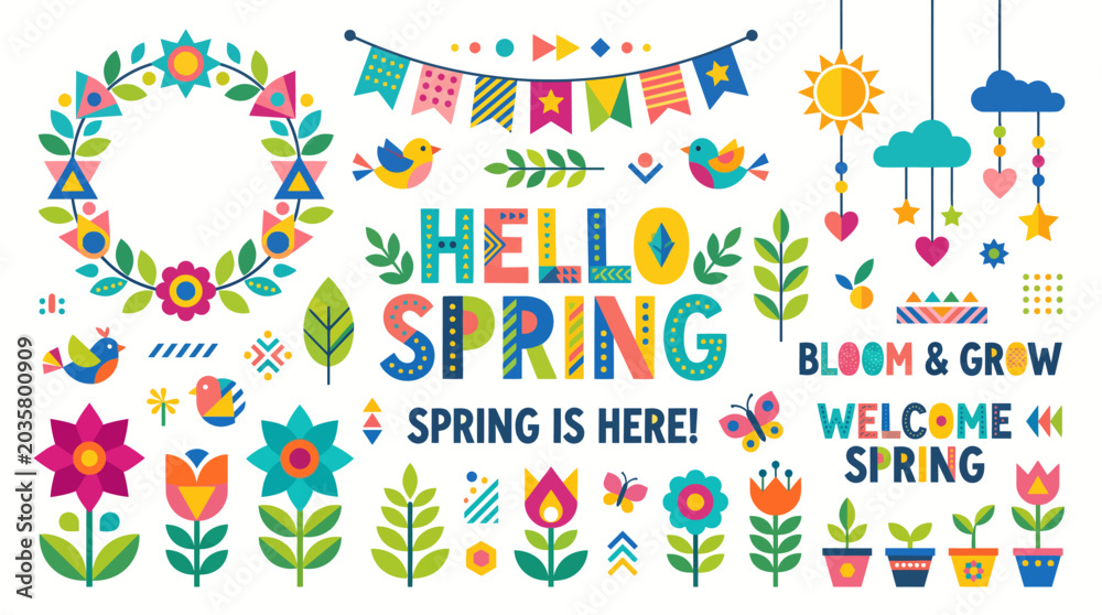 Obraz premium Spring elements collection with flowers, birds, and decorative text