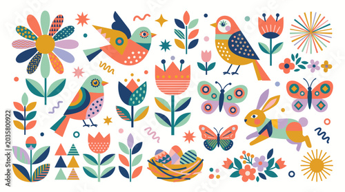 Spring easter vector illustration set with birds, flowers, and bunny