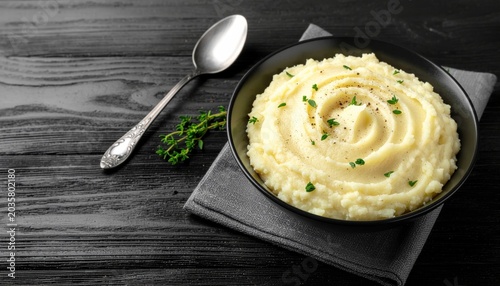 Mashed potatoes in bowl with spoon.