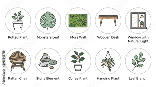 Biophilic Office Icon Set - Line Icons with Plants, Moss and Natural Elements