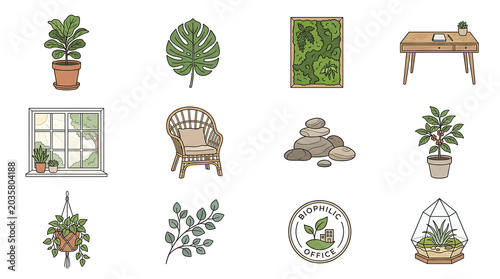 Biophilic Office Icon Set - Line Icons with Plants, Moss and Natural Elements