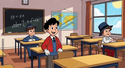 Students and teacher inside a classic school classroom setting.