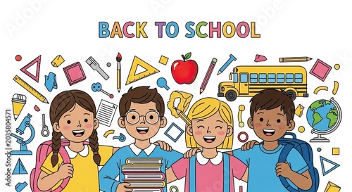 Four diverse school children standing with education doodles.