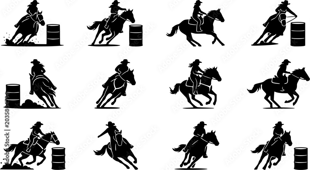 Obraz premium Rodeo barrel racer silhouette icon set, flat black glyph style, pure white background