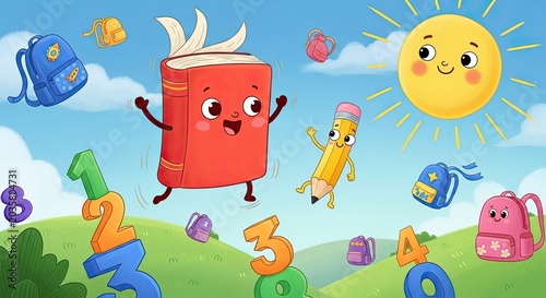 Animated book pencil and sun characters in green landscape.