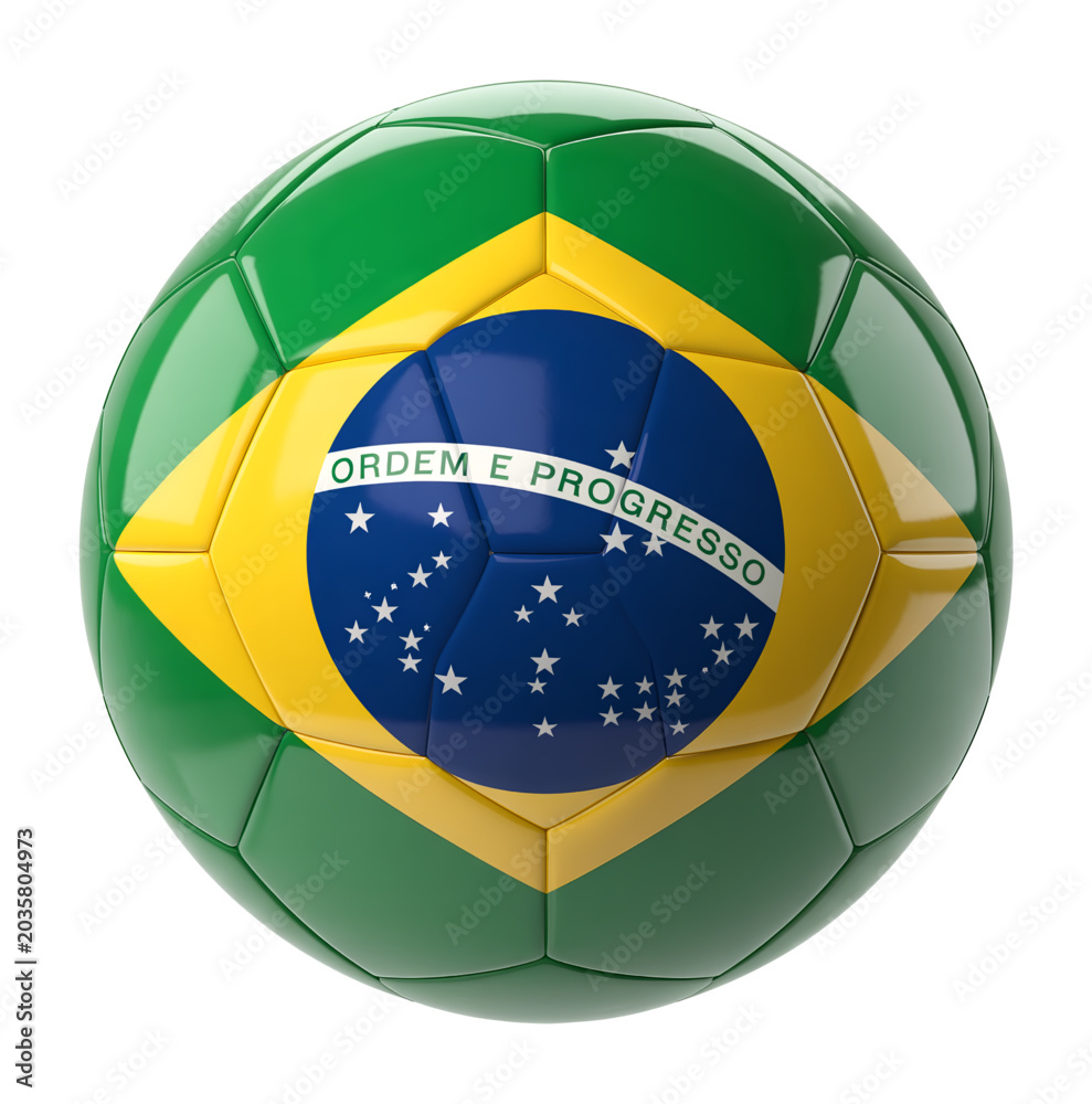 Fototapeta premium Brazil Flag Football Ball 3D Render Glossy Soccer Equipment