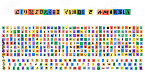 Foto LIQUIDAÇÃO VERDE E AMARELA, alfabeto estilo carta de resgate com letras recortad