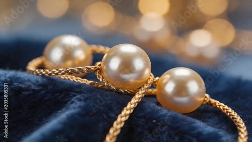 Pearl necklace on blue fabric