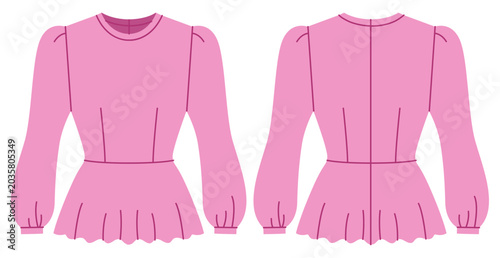 Foto Pink peplum top with fitted bodice, long puff sleeves flared hem creating feminine structured silhouette with clean shaping seams