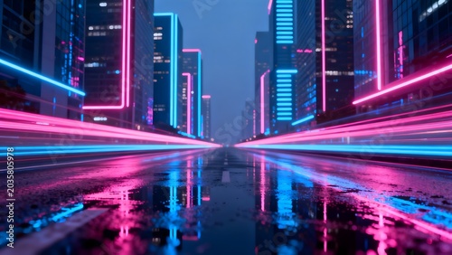 Neon lit city street at night