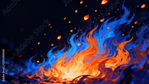 Blue and orange flames with glowing embers