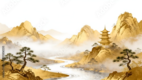 Traditional Asian landscape with pagoda