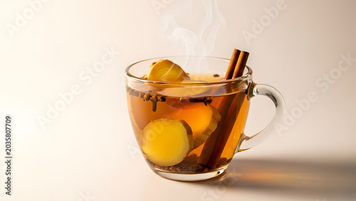Steaming hot ginger tea with cinnamon sticks and cloves in a clear glass mug.