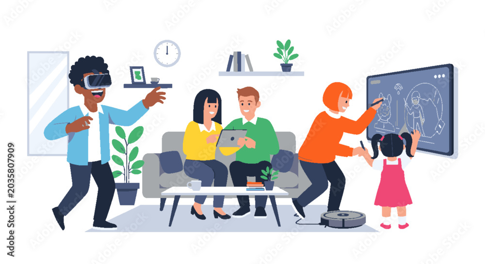 Fototapeta premium Modern family embracing future technology at home, engaging with virtual reality, digital tablets, and interactive learning screens.