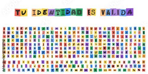 Tableau sur toile TU IDENTIDAD ES VALIDA, abecedario estilo nota de rescate, letras recortadas de