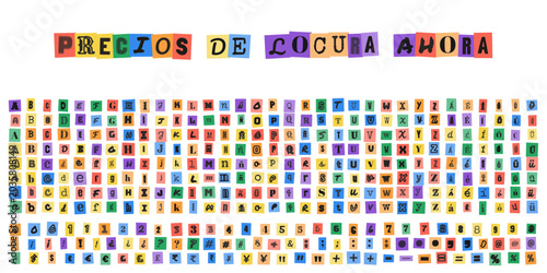 Foto Precios de locura ahora, abecedario estilo nota de rescate con letras recortadas