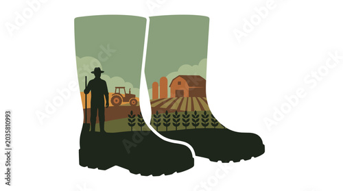 Farmer Boots with Agricultural Scene Inside.