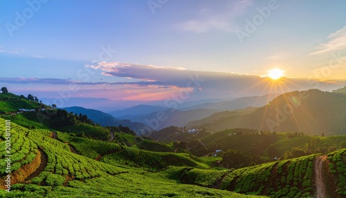 Sunset over mountain tea fields.