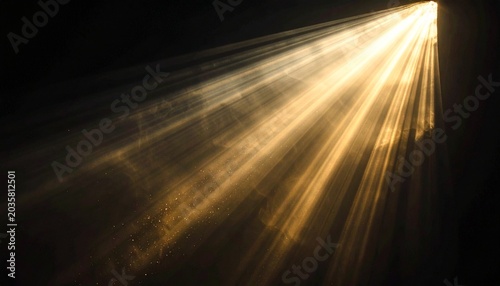 Golden light rays piercing through a dark void, illuminating dust particles in a dramatic scene.