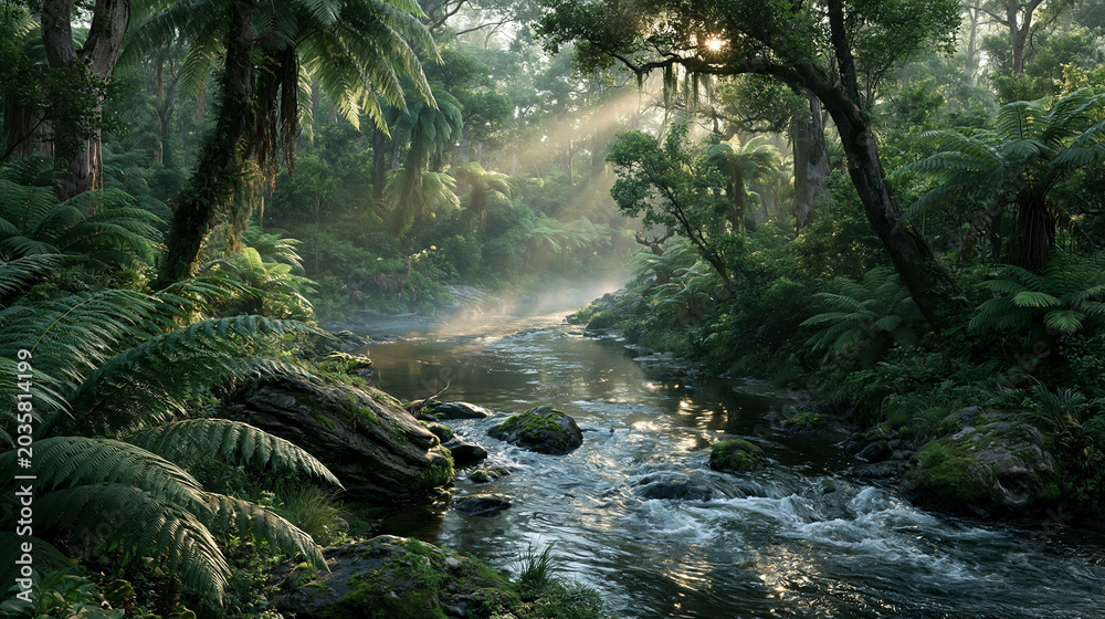 Fototapeta premium Tranquil stream adventure lush rainforest nature photography serene environment close-up view natural beauty