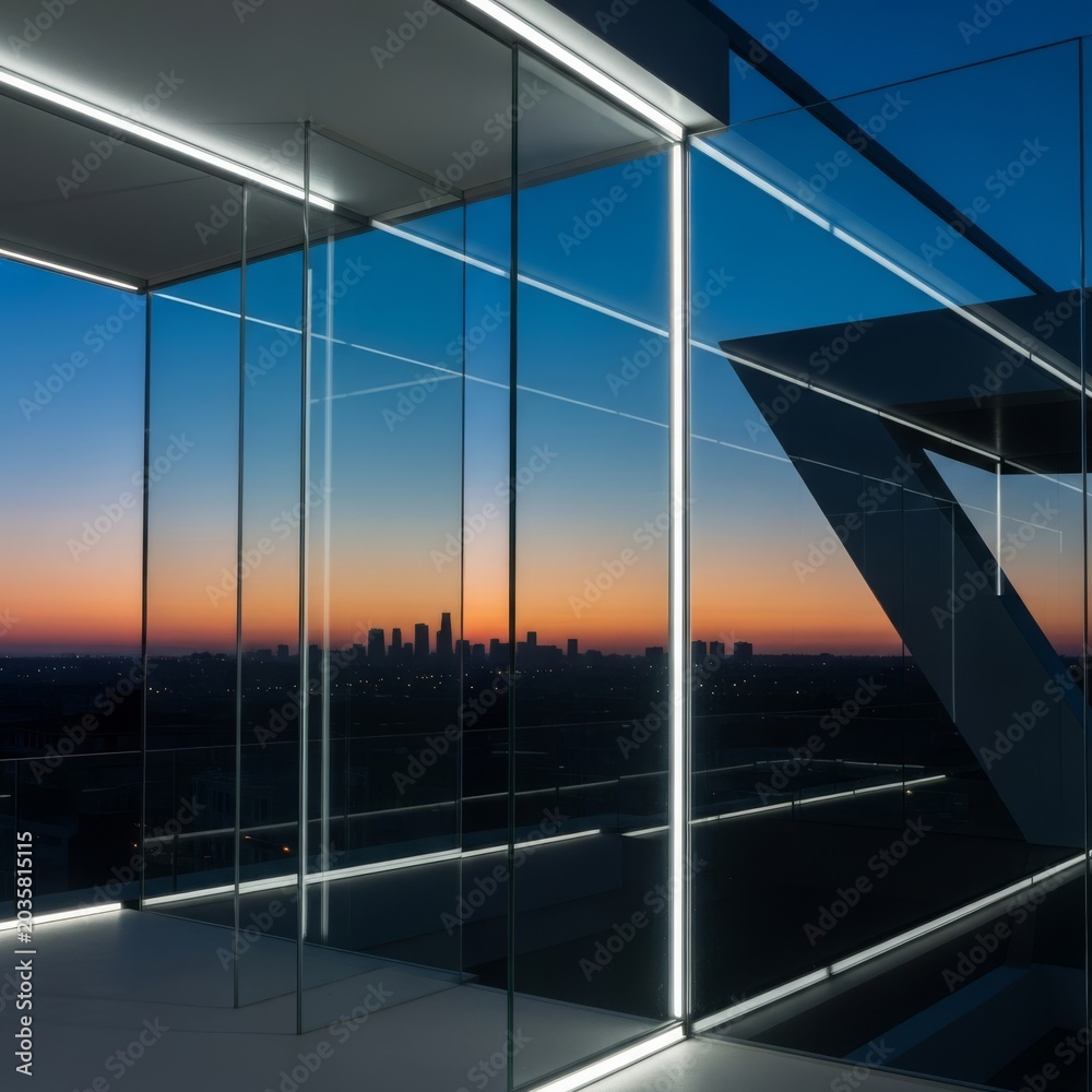 Fototapeta premium Elegant glass panels reflecting a distant urban skyline at dusk, accented by bright linear light strips and modern geometric architecture, technological, glass, construction