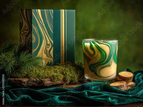 Elegant Aromatic Candle Display with Velvet Fabric Moss and Botanical Elements