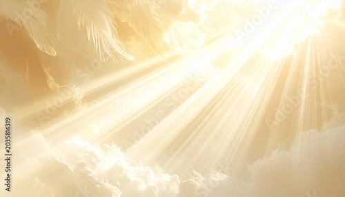 Golden light rays shining through ethereal clouds, creating a heavenly and spiritual atmosphere.