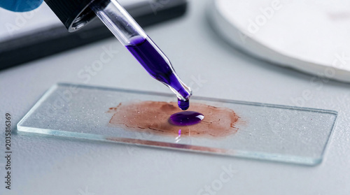 Macro shot of adding purple stain reagent with a dropper onto a microscope slide.
