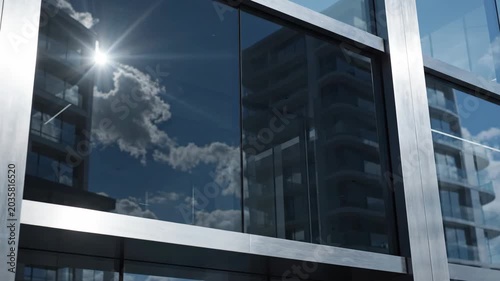 Modern eco luxury architecture features reflective glass windows capturing sunlight and blue sky creating bright serene urban