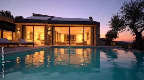 Eco luxury modern house architecture with pool sunset outdoor relaxation warm light stone wall glass door solar panels calm water