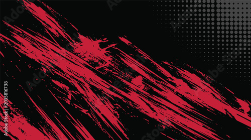 Fotografía Red brush stroke grunge background with halftone dots and diagonal streaks