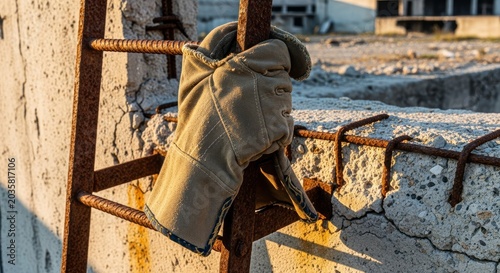 A pair of worn gloves grips a rusted iron ladder attached to a crumbling concrete wall amidst a desolate, dusty landscape of urban ruins, rusted, iron, height