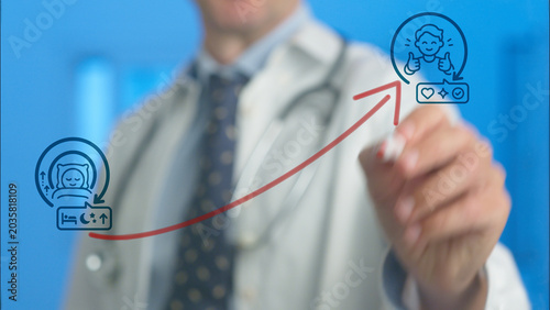 Doctor s hand drawing a rising red arrow connecting an icon representing good sleep by a patient to another icon symbolizing improved health and well being