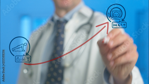 Doctor drawing a red arrow connecting exercise and muscle gain icons with sleep quality improvement, symbolizing a holistic approach to better health and well being