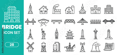 Cuadro en lienzo Architecture and infrastructure bridge icon set with architecture, building