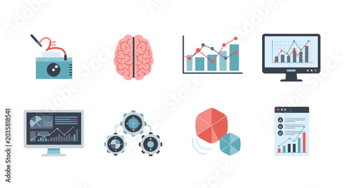 A collection of icons representing data analytics, artificial intelligence, business intelligence, and process management.