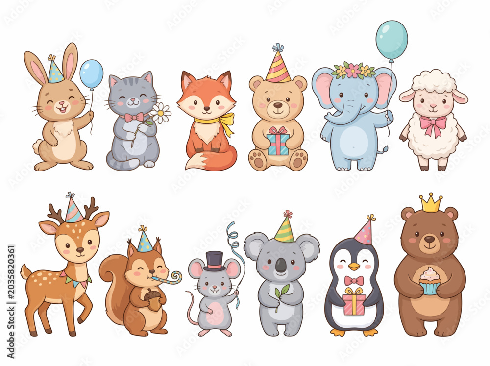 Fototapeta premium Cute cartoon animals celebrating a birthday party with balloons and party hats.